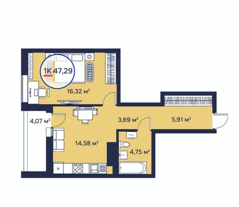 Продажа 1-комнатной квартиры 47,3 м², 11/24 этаж