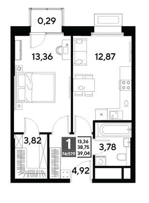 Продажа 1-комнатной квартиры 39 м², 21/25 этаж