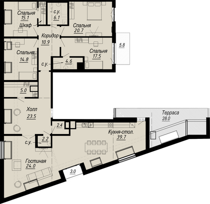 208,2 м², 5-комн. квартира, 8/8 этаж