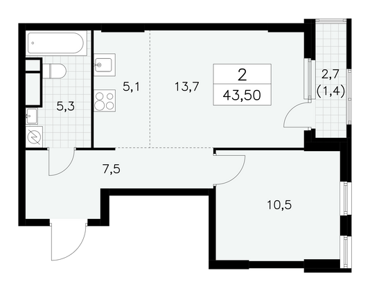 43,5 м², своб. планировка, 9/30 этаж