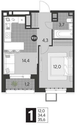 Продажа 1-комнатной квартиры 35,6 м², 11/21 этаж