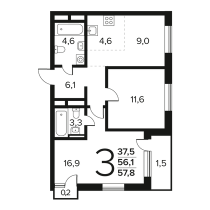Продажа 3-комнатной квартиры 57,8 м², 5/9 этаж