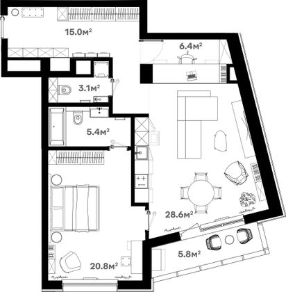 88,4 м², 2-комн. квартира, 3/20 этаж