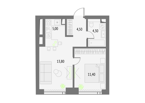 39 м², 1-комн. квартира, 32/55 этаж