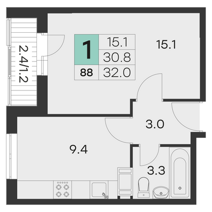 32 м², 1-комн. квартира, 7/9 этаж