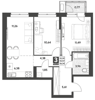 Продажа 3-комнатной квартиры 56,3 м², 7/25 этаж