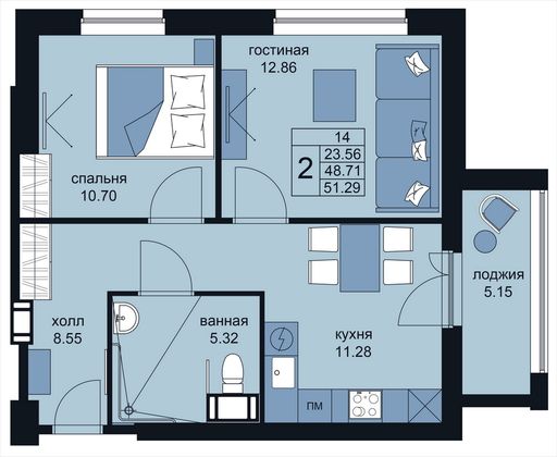 52,6 м², 2-комн. квартира, 2/15 этаж