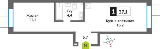 Продажа 1-комнатной квартиры 37,1 м², 3/6 этаж