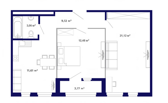 60,6 м², 2-комн. квартира, 3/9 этаж