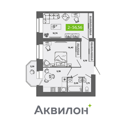 56,6 м², 2-комн. квартира, 6/8 этаж