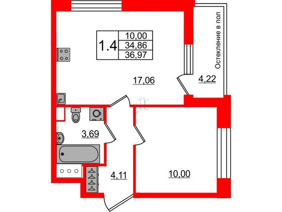 Продажа 1-комнатной квартиры 34,9 м², 6/12 этаж