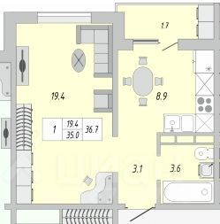 Продажа 1-комнатной квартиры 37 м², 11/19 этаж