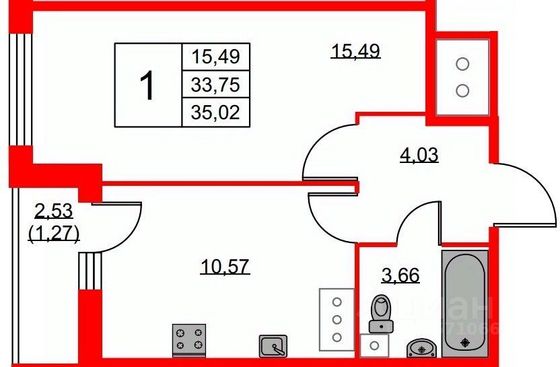 Продажа 1-комнатной квартиры 35 м², 19/25 этаж