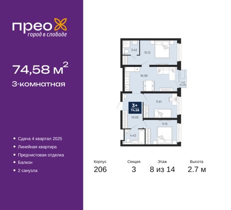 74,6 м², 3-комн. квартира, 8/14 этаж