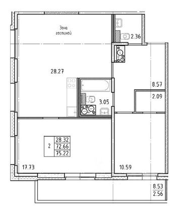 Продажа 2-комнатной квартиры 75,2 м², 17/25 этаж