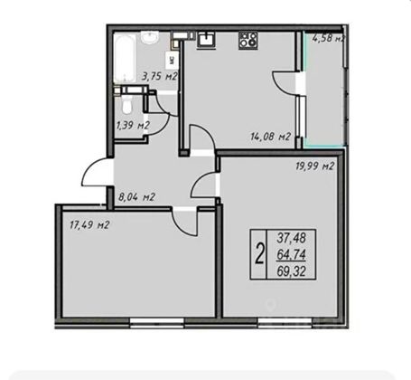 Продажа 2-комнатной квартиры 69,3 м², 10/15 этаж