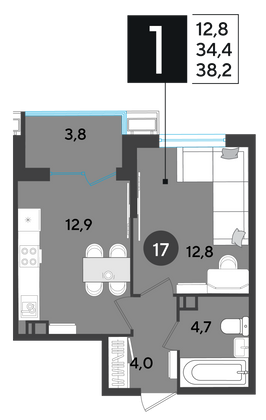 Продажа 1-комнатной квартиры 38,2 м², 3/18 этаж