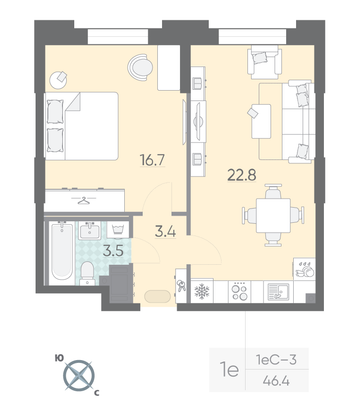 Продажа 1-комнатной квартиры 46,4 м², 3/18 этаж