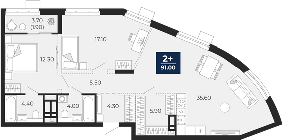 91 м², 2-комн. квартира, 4/25 этаж