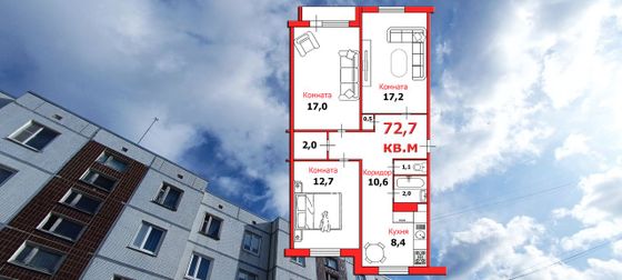 Продажа 3-комнатной квартиры 72,7 м², 5/5 этаж