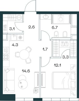 48,4 м², 2-комн. квартира, 9/18 этаж