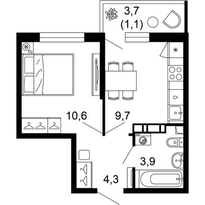 29,6 м², 1-комн. квартира, 6/12 этаж