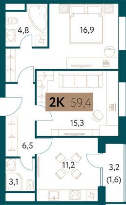 59,5 м², 2-комн. квартира, 20/28 этаж