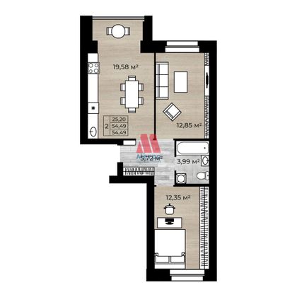 Продажа 2-комнатной квартиры 54,5 м², 4/10 этаж