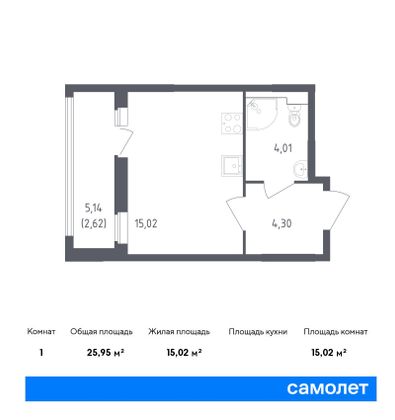 52,5 м², 2-комн. квартира, 22/23 этаж