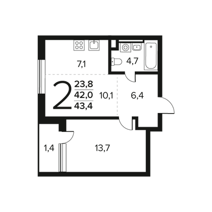 Продажа 2-комнатной квартиры 43,4 м², 2/9 этаж