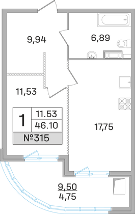46,1 м², 1-комн. квартира, 9 этаж
