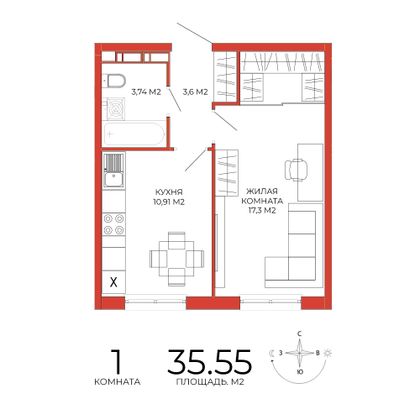 35,5 м², 1-комн. квартира, 2/18 этаж