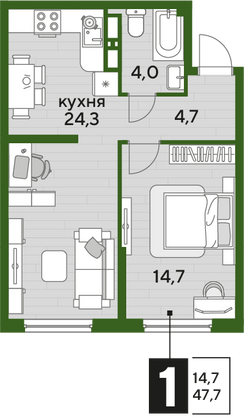 Продажа 1-комнатной квартиры 47,7 м², 10/19 этаж