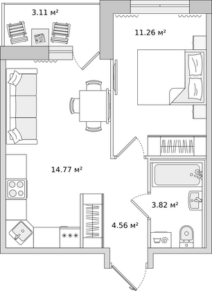 37,4 м², 1-комн. квартира, 14/16 этаж