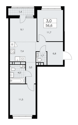 56,6 м², 3-комн. квартира, 8/14 этаж