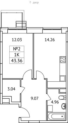 43,4 м², 1-комн. квартира, 2/17 этаж