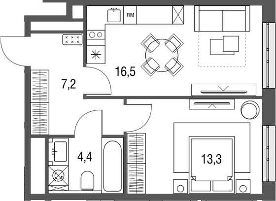 41,3 м², 1-комн. квартира, 20/25 этаж