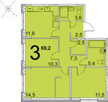 69,2 м², 3-комн. квартира, 1 этаж