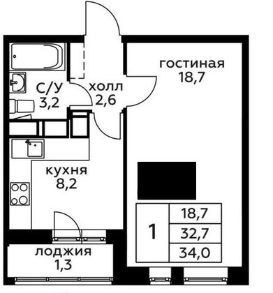 Продажа 1-комнатной квартиры 34 м², 8/23 этаж