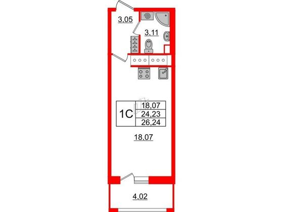 Продажа квартиры-студии 24,2 м², 3/18 этаж