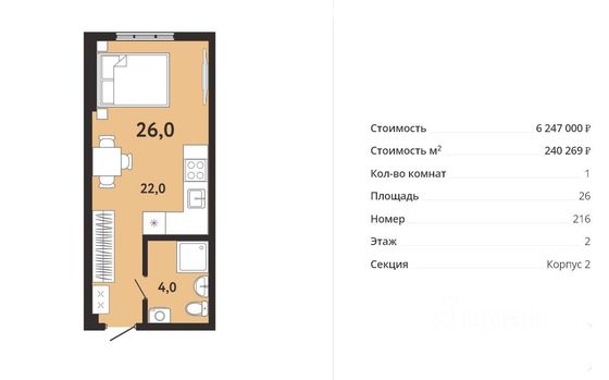 Продажа квартиры-студии 25,4 м², 2/8 этаж