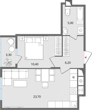 Продажа 2-комнатной квартиры 43,8 м², 5/25 этаж
