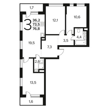 76,8 м², 3-комн. квартира, 2/14 этаж