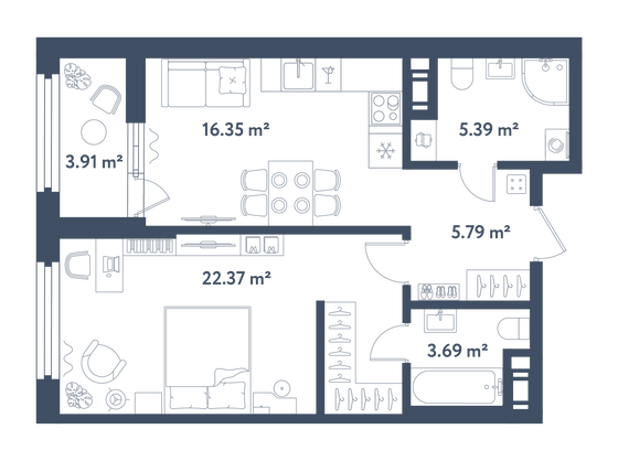 55,5 м², 1-комн. квартира, 9/11 этаж