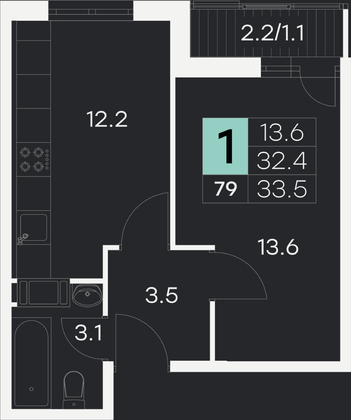 33,5 м², 1-комн. квартира, 5/9 этаж