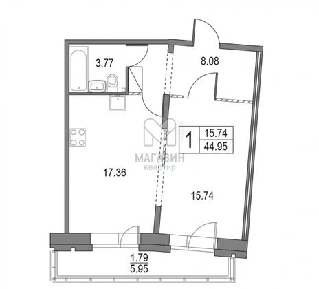 Продажа 1-комнатной квартиры 46,7 м², 8/17 этаж