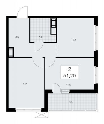 51,2 м², 2-комн. квартира, 6/9 этаж