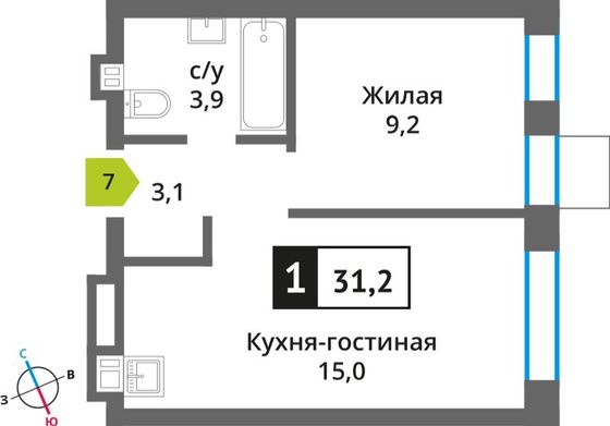 Продажа 1-комнатной квартиры 31,2 м², 2/9 этаж