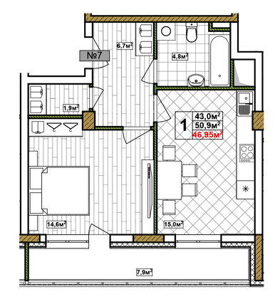 Продажа 1-комнатной квартиры 47 м², 2/17 этаж