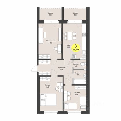 Продажа 3-комнатной квартиры 88,6 м², 2/12 этаж